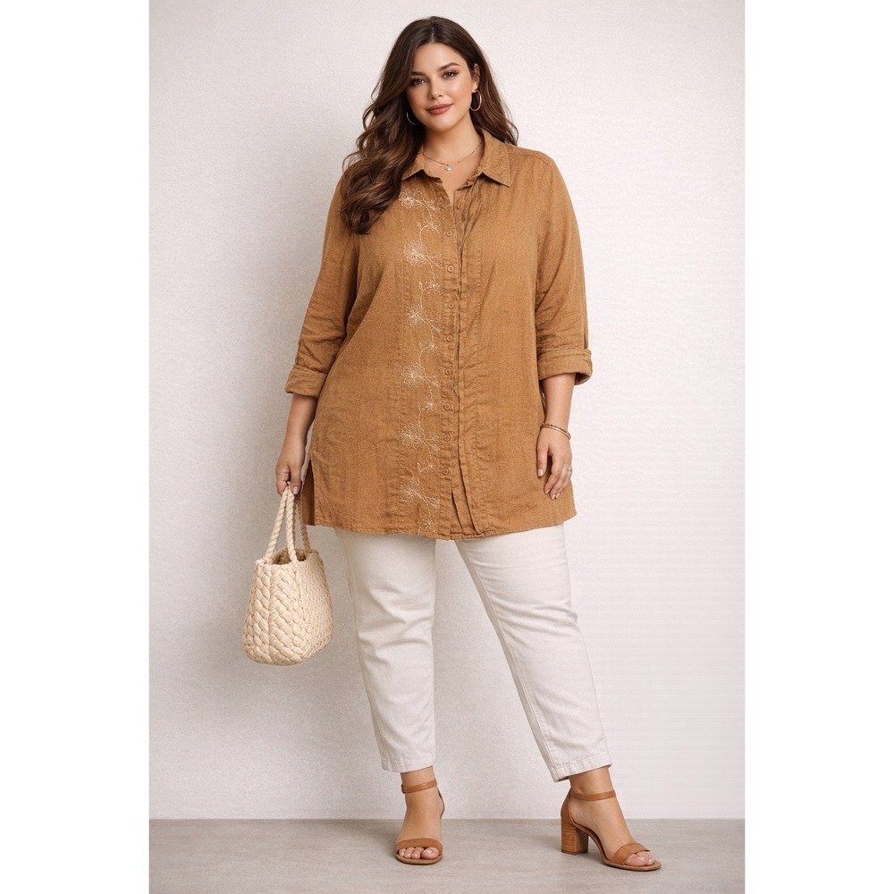 Veranesi Womens 20W Linen Blend Embroidered Tunic Shirt Brown Button Front Top